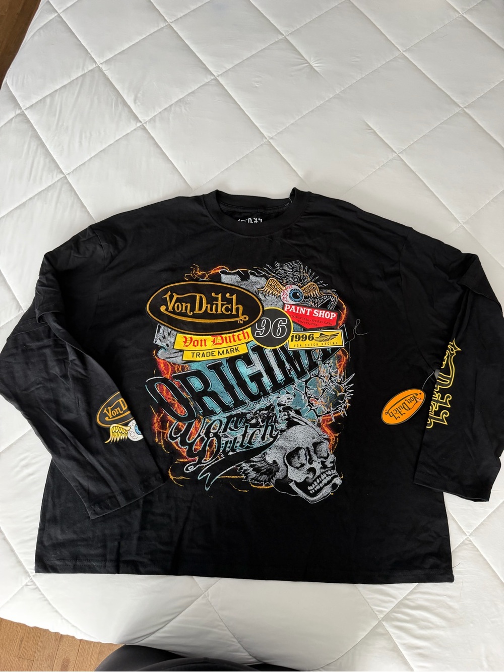 Von Dutch Black Long Sleeve Tee with Multicolor Skull Graphic